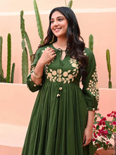 Green Cotton Anarkali Embroidery Gown